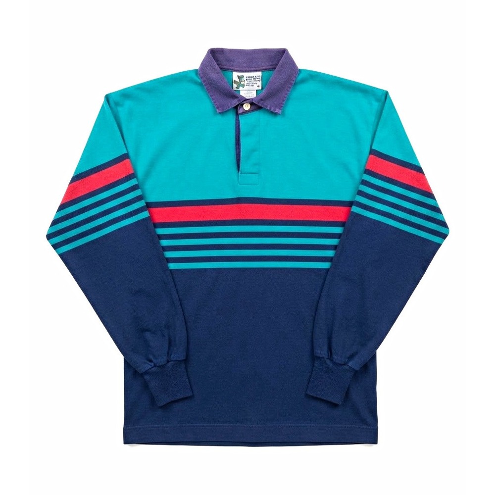 Peerless Australia Men M Rugby Polo Long Sleeve Preppy Heritage Stripd Teal Navy